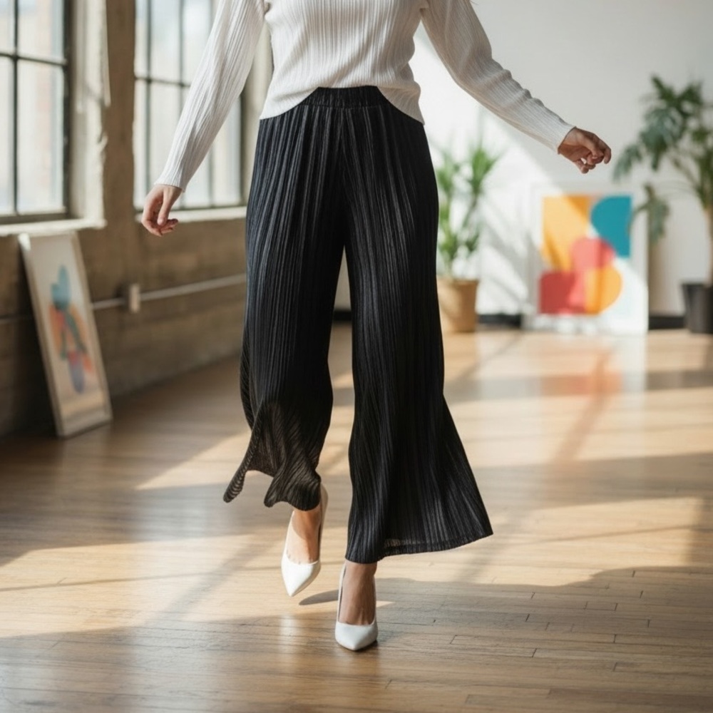 Heipeiwa Women's Shiny Pleated Wide Leg Pants  High Waist Trouser Large